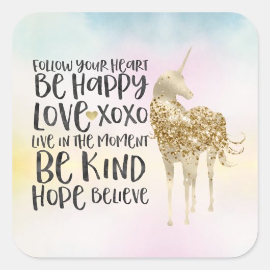 アクアイエローピンク水彩ユニコーン感動的 スクエアシール (正面)
