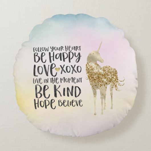 アクアイエローピンク水彩ユニコーン感動的 ラウンドクッション (正面)