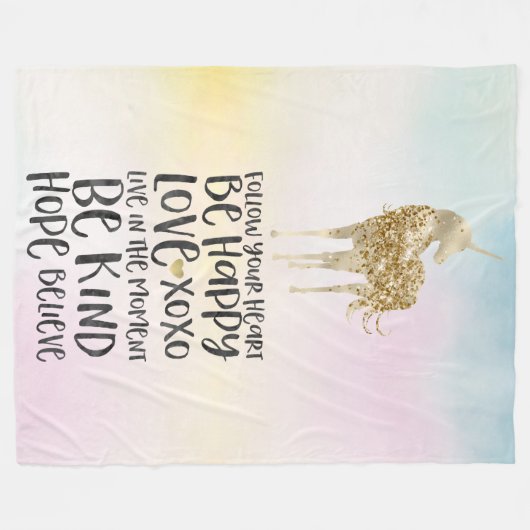 アクアイエローピンク水彩ユニコ感動的ーン フリースブランケット (正面(横))