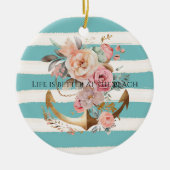 アクアウォーターカラービーチストライプ金ゴールドフローラいかり セラミックオーナメント (正面)