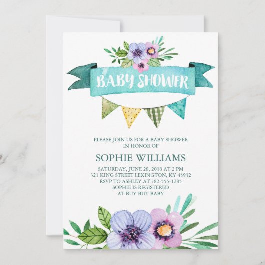 アクアウォーターカラーフローラベビーシャワー 招待状 (正面)