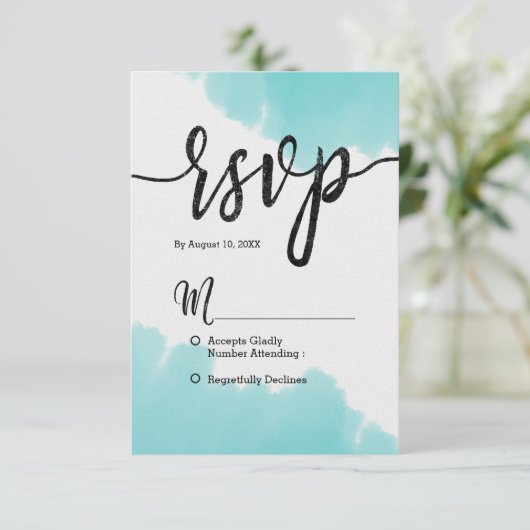 アクアウォーターカラーブラシストロークシンプルウェディングRSVP 出欠カード (スタンド正面)