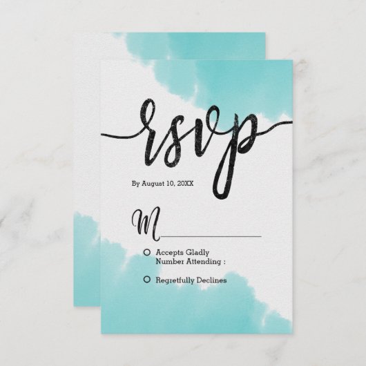 アクアウォーターカラーブラシストロークシンプルウェディングRSVP 出欠カード (正面/裏面)