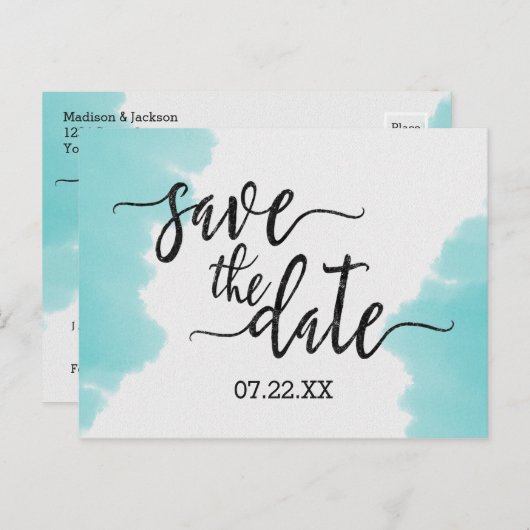 アクアウォーターカラーブラシストローク結婚式の日付を保存 案内ポストカード (正面/裏面)