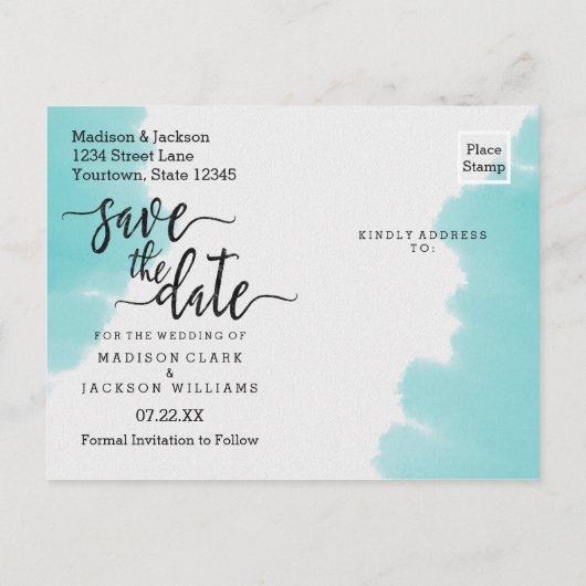 アクアウォーターカラーブラシストローク結婚式の日付を保存 案内ポストカード (裏面)