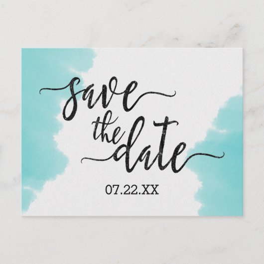アクアウォーターカラーブラシストローク結婚式の日付を保存 案内ポストカード (正面)