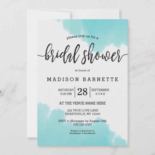 アクアウォーターカラーブラシブライダルシャワー招待 招待状 (正面)