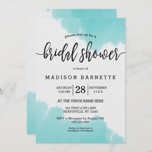 アクアウォーターカラーブラシブライダルシャワー招待 招待状 (正面/裏面)