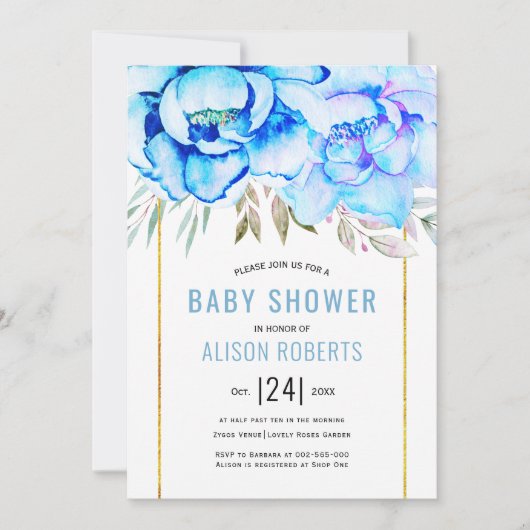 アクアウォーターカラー花フローラ少年の赤ちゃんシャワー 招待状 (正面)
