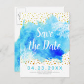 アクアウォーターカラー、サンゴ礁の結婚式日付を保存 案内ポストカード (正面/裏面)