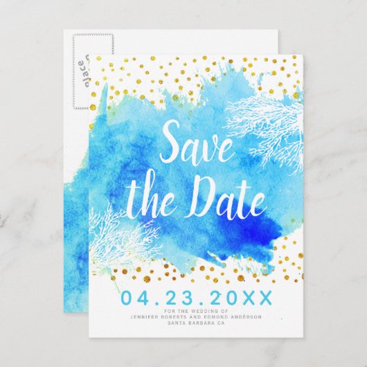 アクアウォーターカラー、サンゴ礁の結婚式日付を保存 案内ポストカード (正面/裏面)