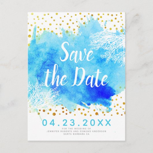 アクアウォーターカラー、サンゴ礁の結婚式日付を保存 案内ポストカード (正面)