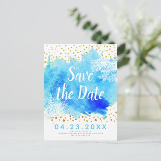 アクアウォーターカラー、サンゴ礁の結婚式日付を保存 案内ポストカード (スタンド正面)
