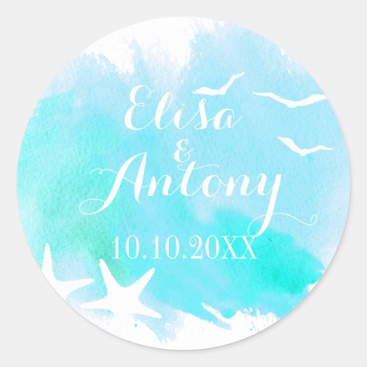 アクアウォーターカラー、ヒトデの結婚式の日付を保存 ラウンドシール (正面)