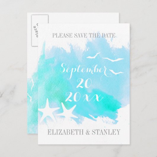 アクアウォーターカラー、ヒトデの結婚式の日付を保存 案内ポストカード (正面/裏面)