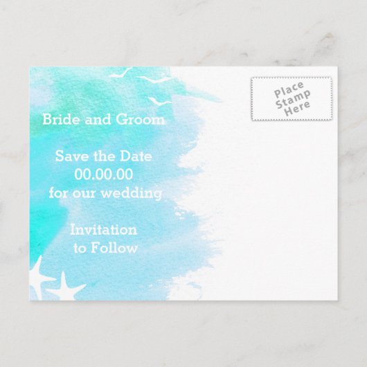 アクアウォーターカラー、ヒトデの結婚式の日付を保存 案内ポストカード (裏面)