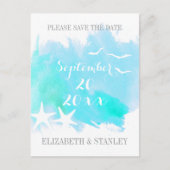 アクアウォーターカラー、ヒトデの結婚式の日付を保存 案内ポストカード (正面)