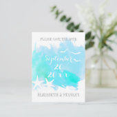 アクアウォーターカラー、ヒトデの結婚式の日付を保存 案内ポストカード (スタンド正面)