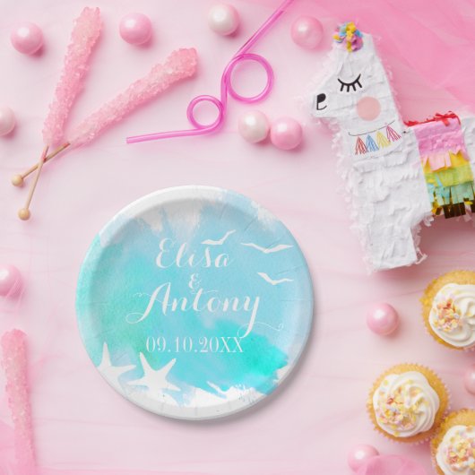 アクアウォーターカラー、ヒトデビーチ結婚式 ペーパープレート (パーティー)