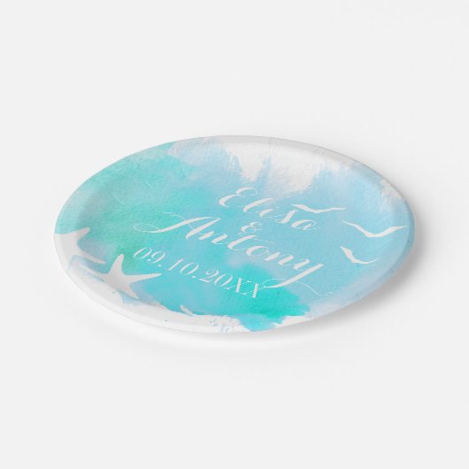 アクアウォーターカラー、ヒトデビーチ結婚式 ペーパープレート (アングル)