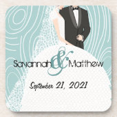 アクアウッドグレインパターン花嫁と花婿コースター コースター (正面)