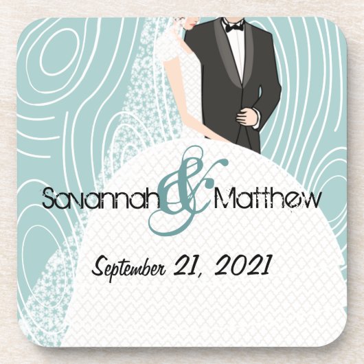 アクアウッドグレインパターン花嫁と花婿コースター コースター (正面)