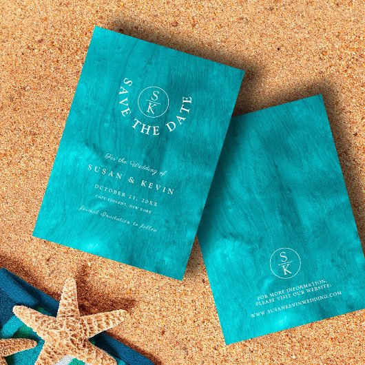 アクアエレガンスターコイズ&ティール(緑がかった色)ウォーターカラー結婚ズ セーブザデート