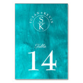 アクアエレガンスターコイズ&ティール(緑がかった色)ウォーターカラー結婚ズ テーブルナンバー (裏面)