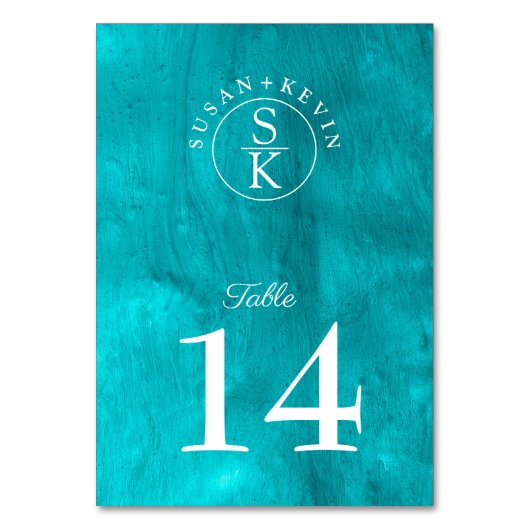 アクアエレガンスターコイズ&ティール（緑がかった色）ウォーターカラー結婚ズ テーブルナンバー (裏面)