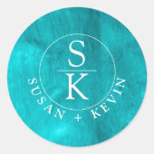 アクアエレガンスターコイズ&ティール（緑がかった色）ウォーターカラー結婚ズ ラウンドシール (正面)