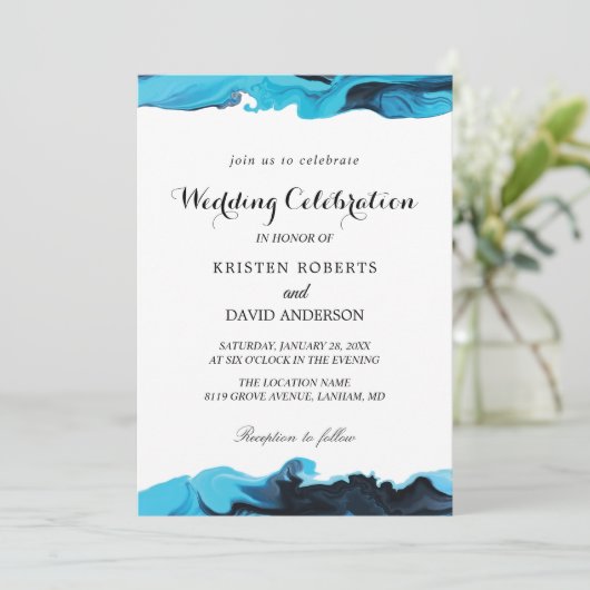 アクアエレガントとブラック結婚式招待状 招待状 (スタンド正面)