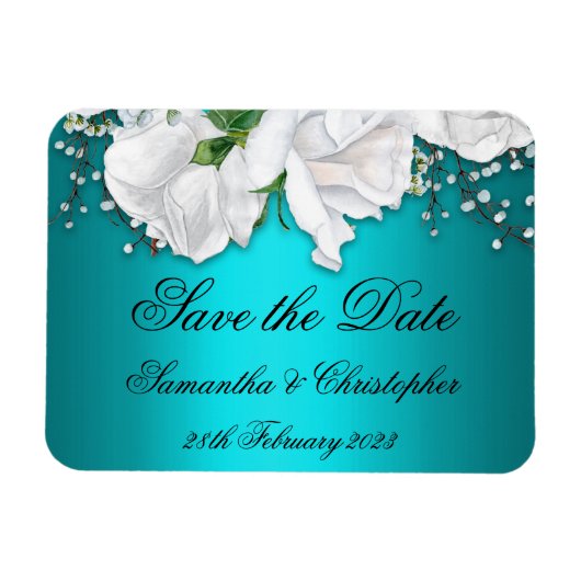 アクアエレガントとホワイトバラの結婚式の日付を保存 マグネット (横)