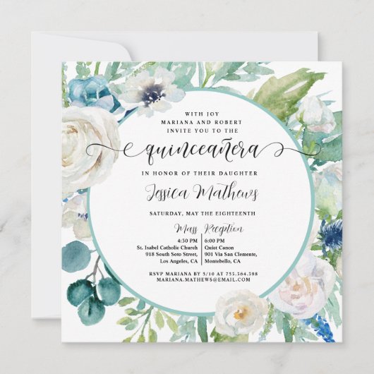 アクアエレガントアンドターコイズティール（緑がかった色）フローラキンセアニラ 招待状 (正面)