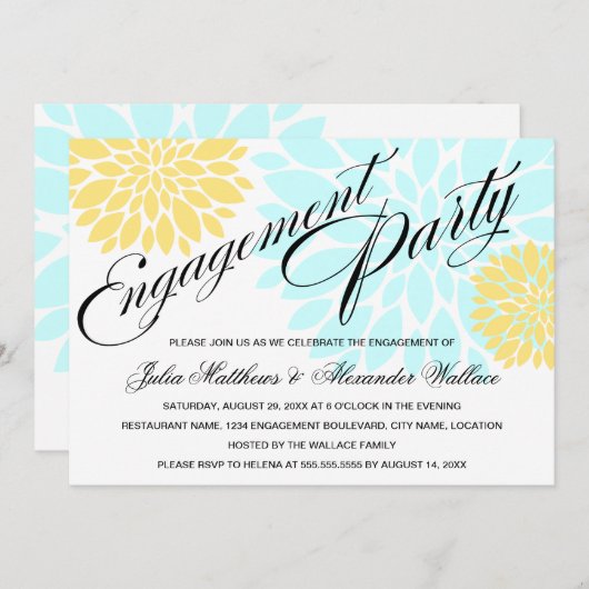 アクアエレガントイエローフローラバースト婚約パーティ 招待状 (正面/裏面)