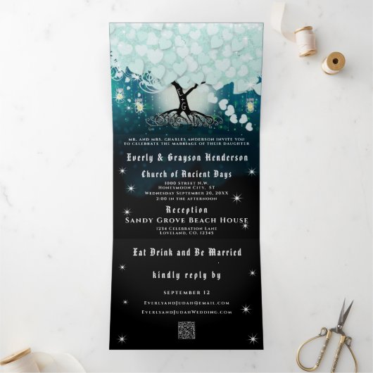 アクアエレガントクールハート結婚リーフ 三つ折り招待状 (内部)