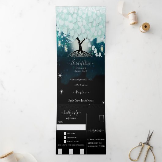 アクアエレガントクールハート結婚リーフ 三つ折り招待状 (内部)