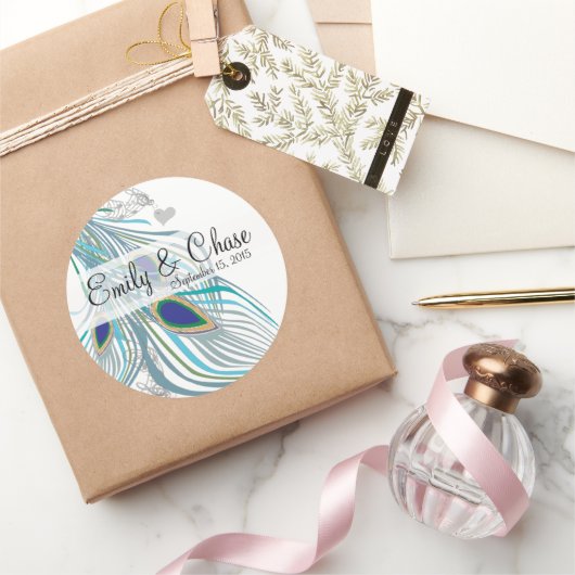 アクアエレガントグレイ3ピーコックフェザー結婚ズ ラウンドシール (ギフト)