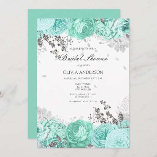 アクアエレガントシルバーフローラブライダルシャワー 招待状 (正面/裏面)