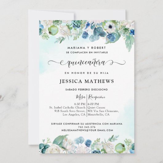 アクアエレガントスペインのターコイズキンセアニラフローラ 招待状 (正面)