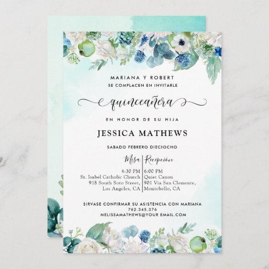 アクアエレガントスペインのターコイズキンセアニラフローラ 招待状 (正面/裏面)