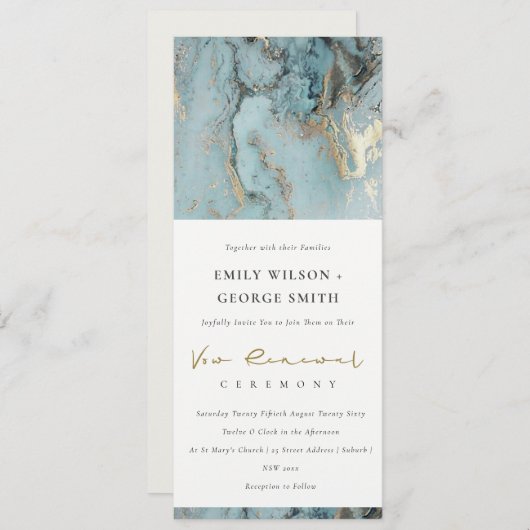 アクアエレガントダスキーブルー金ゴールドアゲート誓の更新 招待状 (正面/裏面)