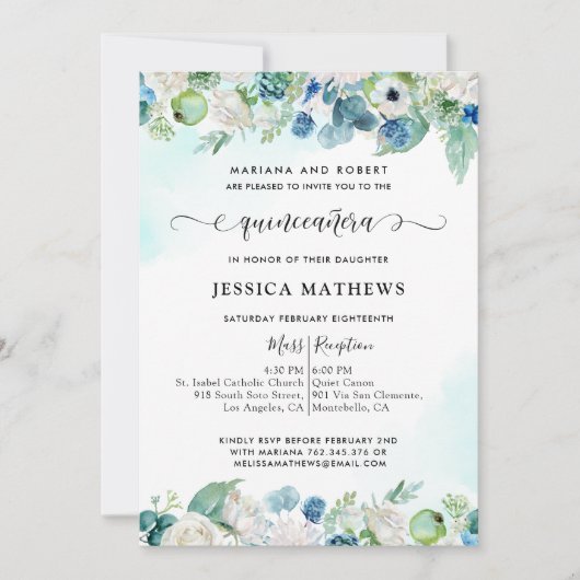 アクアエレガントティール（緑がかった色）キンセアニラ水彩フローライン 招待状 (正面)