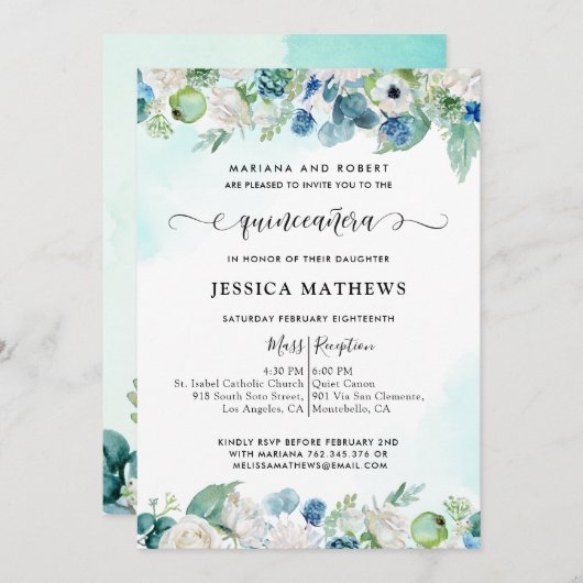 アクアエレガントティール（緑がかった色）キンセアニラ水彩フローライン 招待状 (正面/裏面)