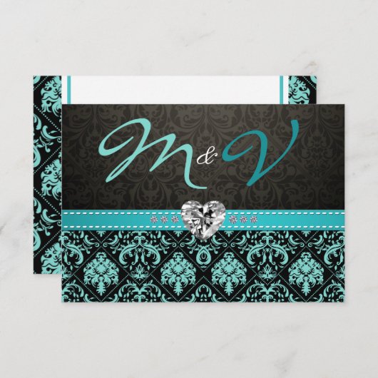 アクアエレガントブルーとブラックダマスクとダイヤモンド 出欠カード (正面/裏面)