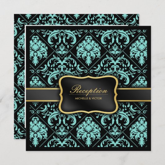 アクアエレガントブルーとブラックダマスク披露宴のみ 招待状 (正面/裏面)