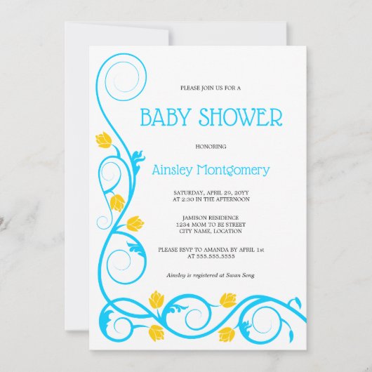 アクアエレガントブルーイエローフローラ旋回ベビーシャワー 招待状 (正面)