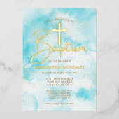 アクアエレガントブルーウォーターカラー金ゴールドクロスバプテスマ 箔招待状 (正面)