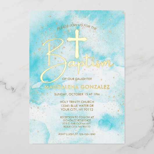 アクアエレガントブルーウォーターカラー金ゴールドクロスバプテスマ 箔招待状 (正面)