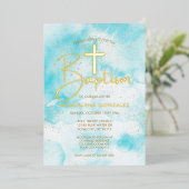 アクアエレガントブルーウォーターカラー金ゴールドクロスバプテスマ 箔招待状 (立ち正面)