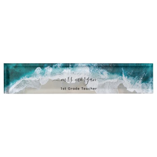 アクアエレガントブルーグリーンビーチスクリプト先生 デスクネームプレート (正面)